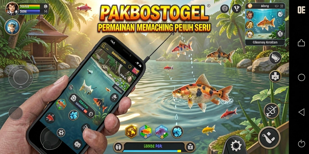 Screenshot utama PAKBOSTOGEL menampilkan gameplay memancing yang seru.