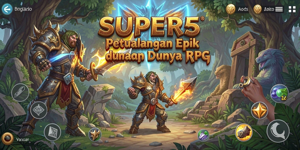 Screenshot utama SUPER5 menampilkan aksi seru dalam pertempuran RPG.